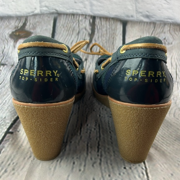 SPERRY GOLDFISH Navy & Green Slip On Leather Lace Wedges - Picture 13 of 17